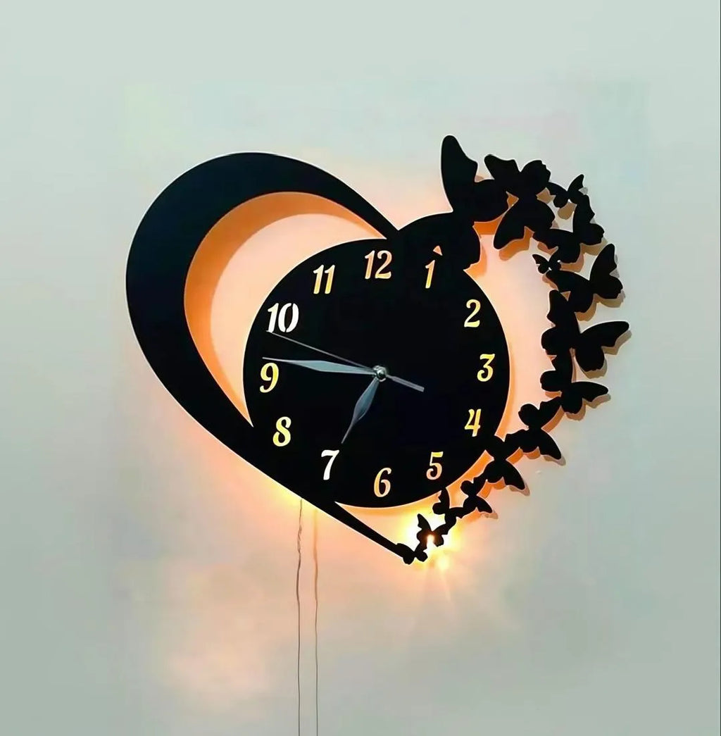 Heart and butterfly wall clock with warm LED backlight