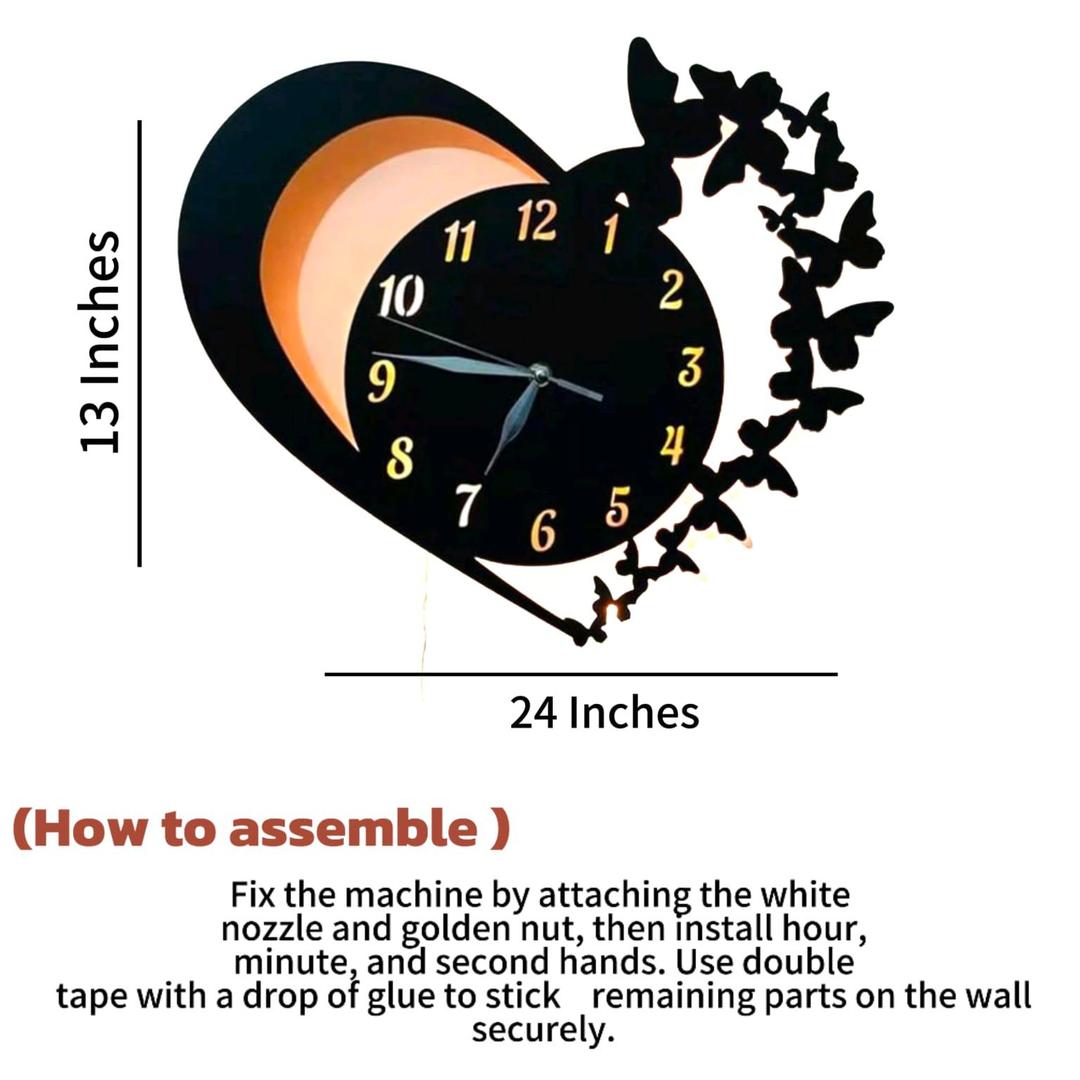 Heart and butterfly wall clock with warm LED backlight
