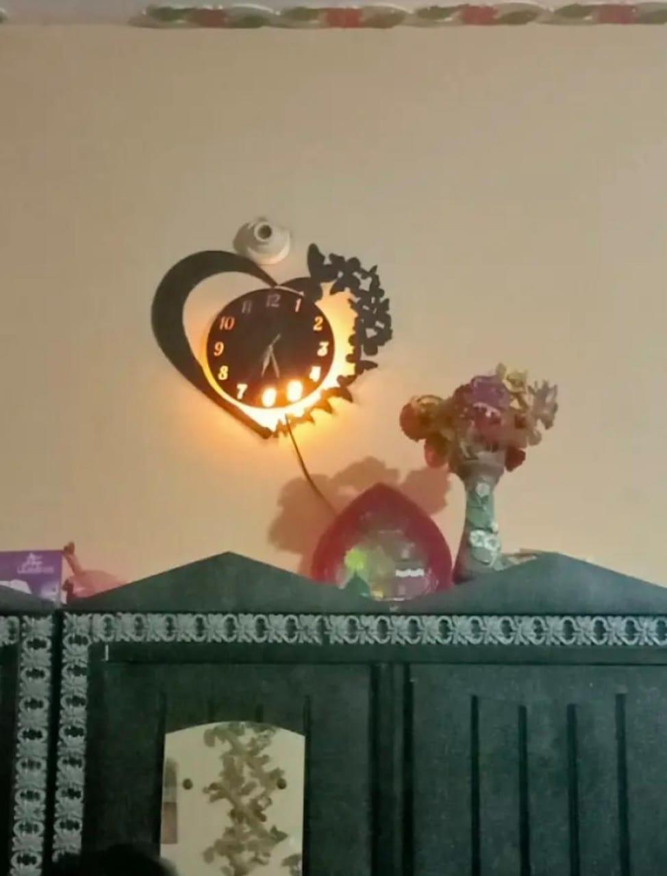 Heart and butterfly wall clock with warm LED backlight