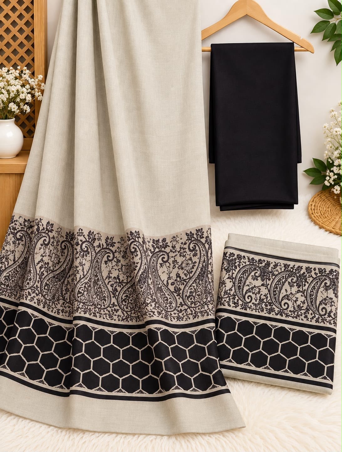 Dhanak 3 Piece Unstitched Suit with Banarsi Shawl - Black fabric and shawl