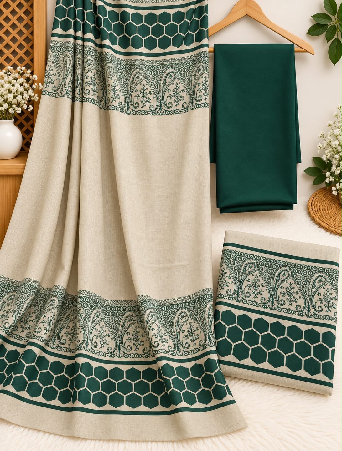 Dhanak 3 Piece Unstitched Suit with Banarsi Shawl - Bottle Green fabric and shawl