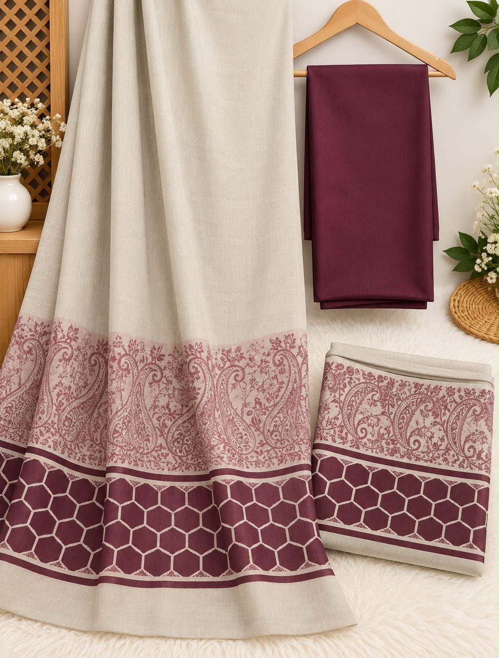 Dhanak 3 Piece Unstitched Suit with Banarsi Shawl - Maroon fabric and shawl