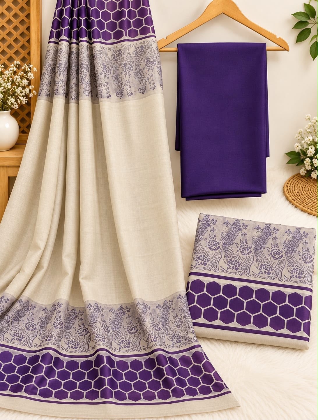 Dhanak 3 Piece Unstitched Suit with Banarsi Shawl - Purple fabric and shawl