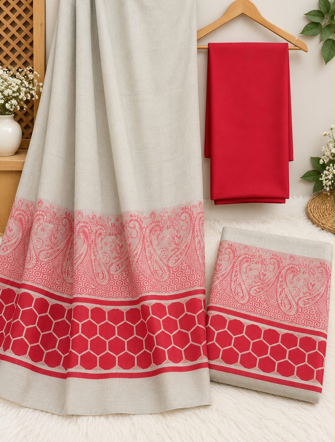 Dhanak 3 Piece Unstitched Suit with Banarsi Shawl - Red fabric and shawl