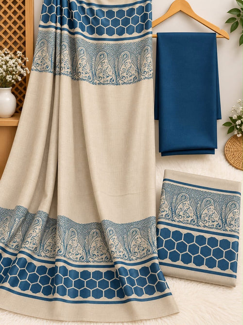 Dhanak 3 Piece Unstitched Suit with Banarsi Shawl - Teal Blue fabric and shawl