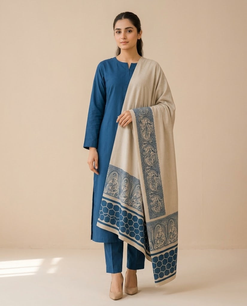 Dhanak 3 Piece Unstitched Suit with Banarsi Shawl - Teal Blue, worn