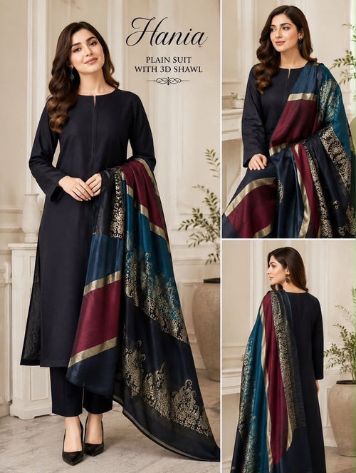 Dhanak 3 Piece Unstitched Suit with Fancy Wool Shawl - Black