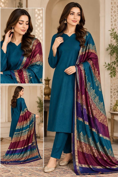 Dhanak 3 Piece Unstitched Suit with Fancy Wool Shawl - Teal