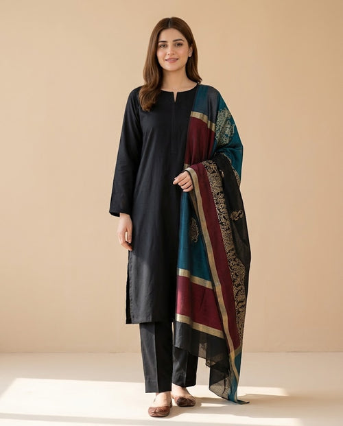 Dhanak 3 Piece Unstitched Suit with Fancy Wool Shawl - Black, worn