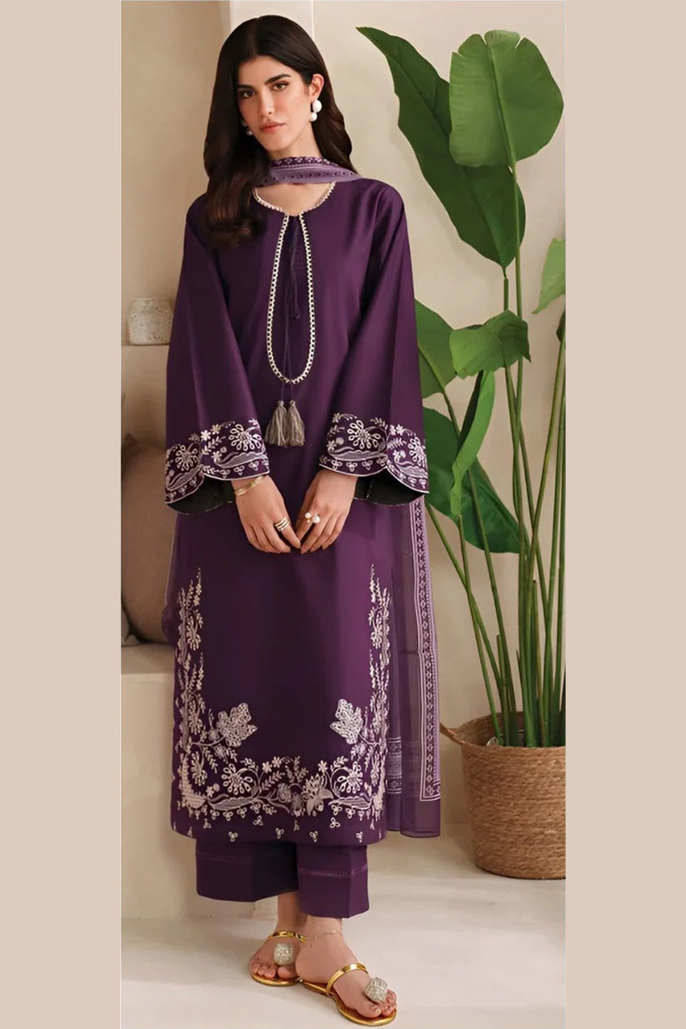 Embroidered Dhanak 3 Piece Unstitched Suit with Wool Shawl - full length with shawl